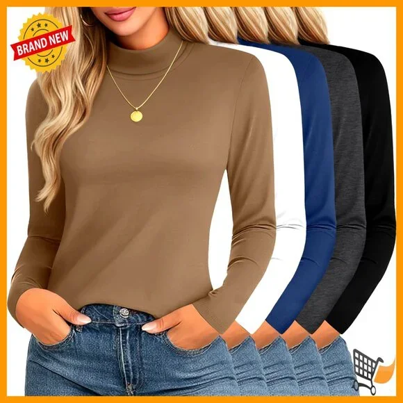 Women's Turtleneck Thermal Tops 5-Pack Cotton Blend Base Layer Long Sleeve - Picture 1 of 7